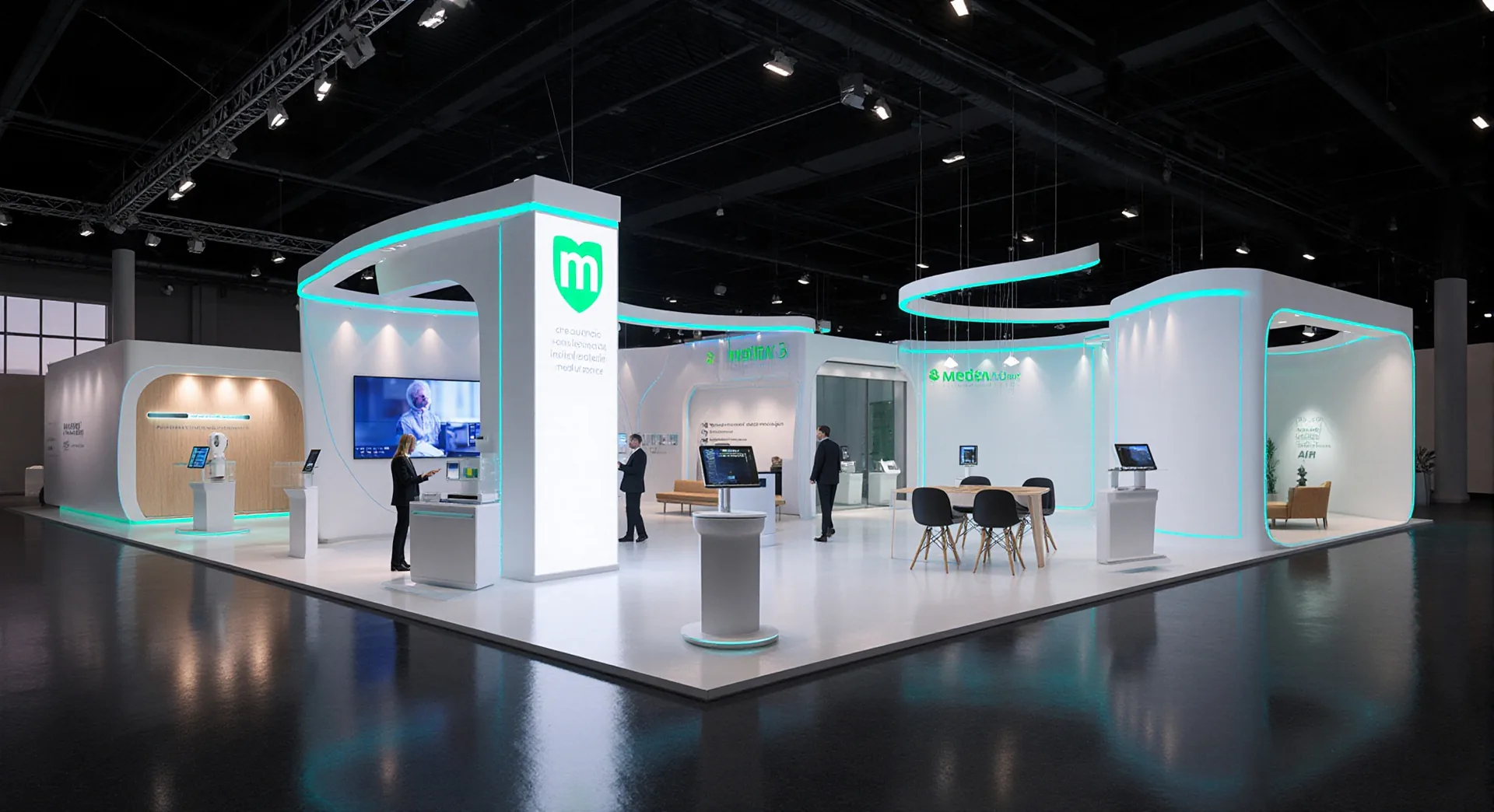 Medical exhibition stand with truss and diagnostic equipment, by FCS