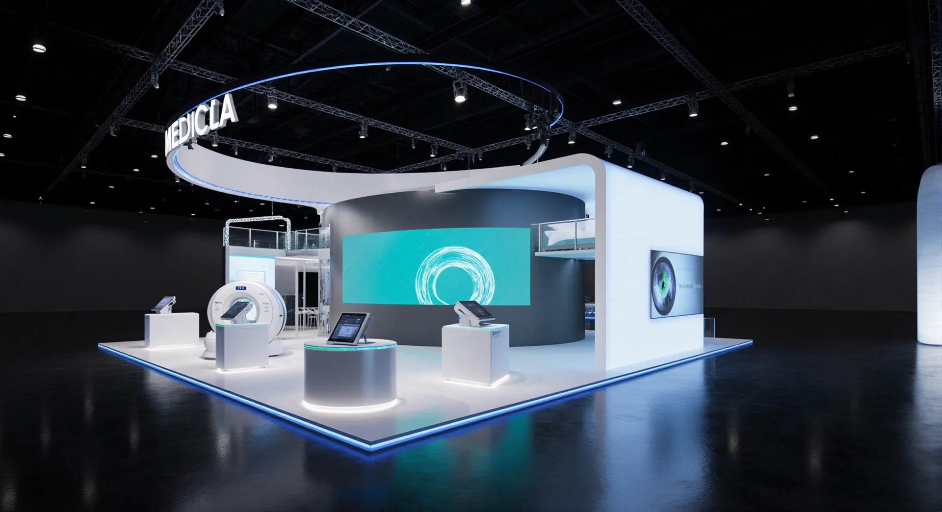 Medical exhibition stand with meeting area, white and green,