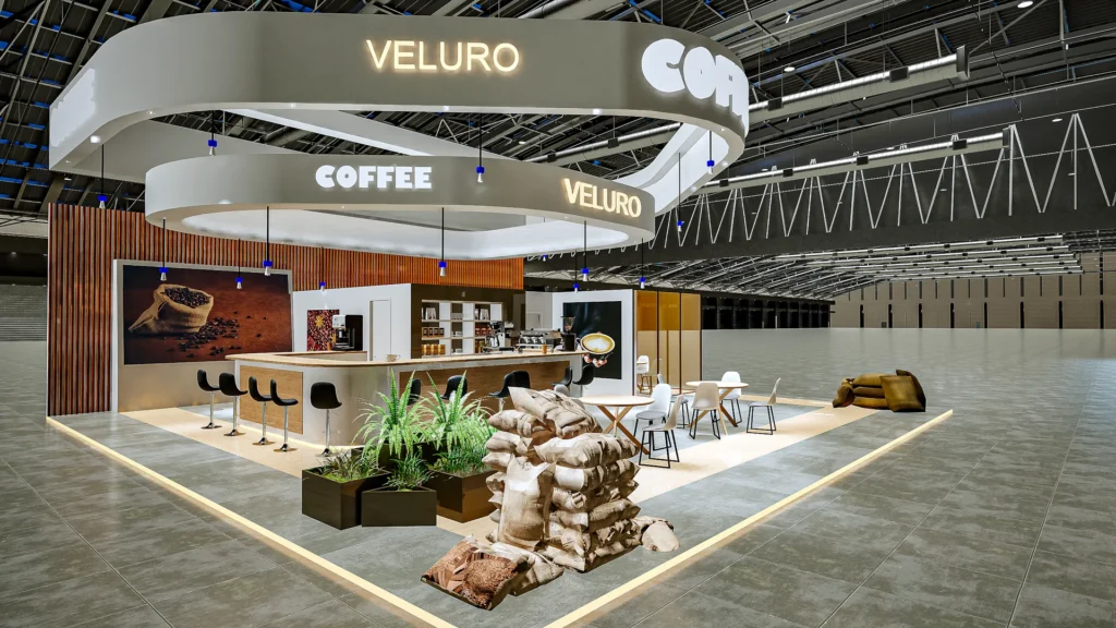 VELURO Coffee exhibition stand, wide view, designed and produced by FCS